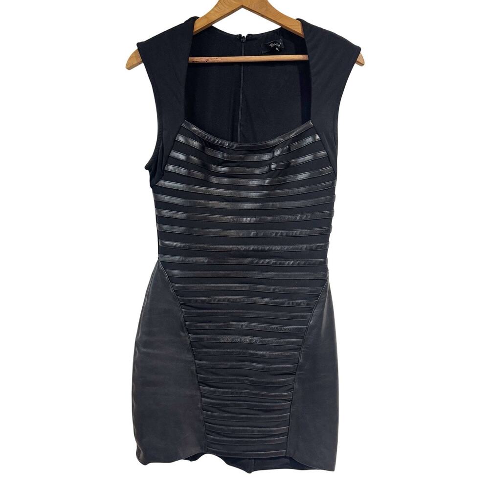 Sky Brand Black Real Leather Striped Women medium Sexy Cocktail LBD Dress